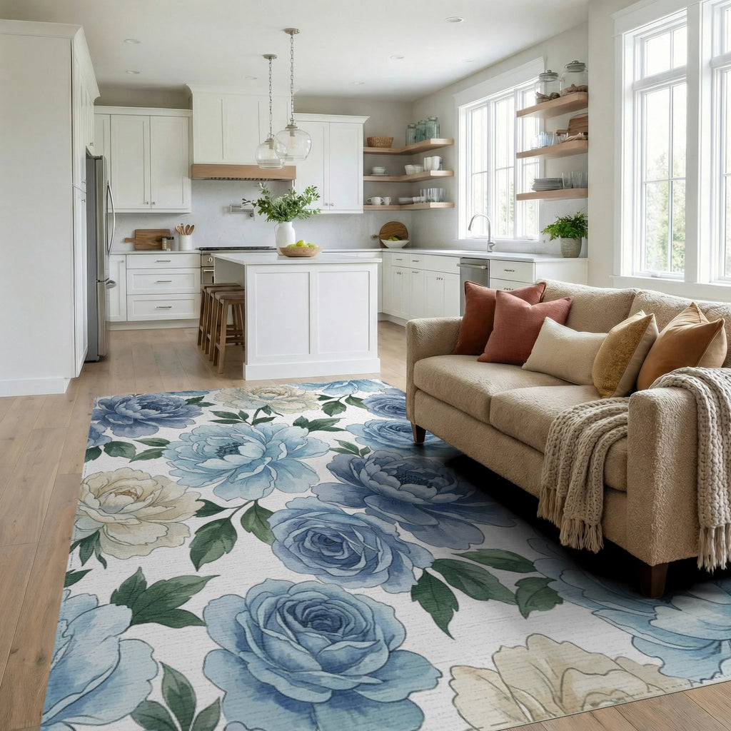 Serene Blue Cream Floral Watercolor Blossoms Rug Living Room View