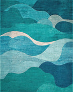 Serene Blue Ocean Waves Abstract Rug - Cutout View