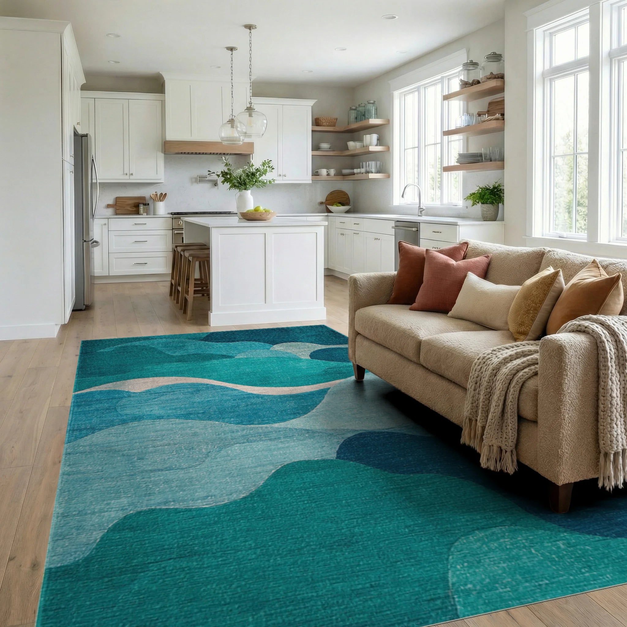 Serene Blue Ocean Waves Abstract Rug Living Room View