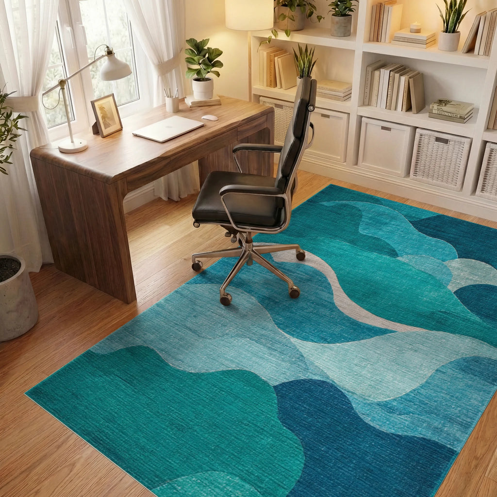 Serene Blue Ocean Waves Abstract Rug Office View