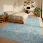 Serene Blue Scalloped Wave Rug Bedroom View
