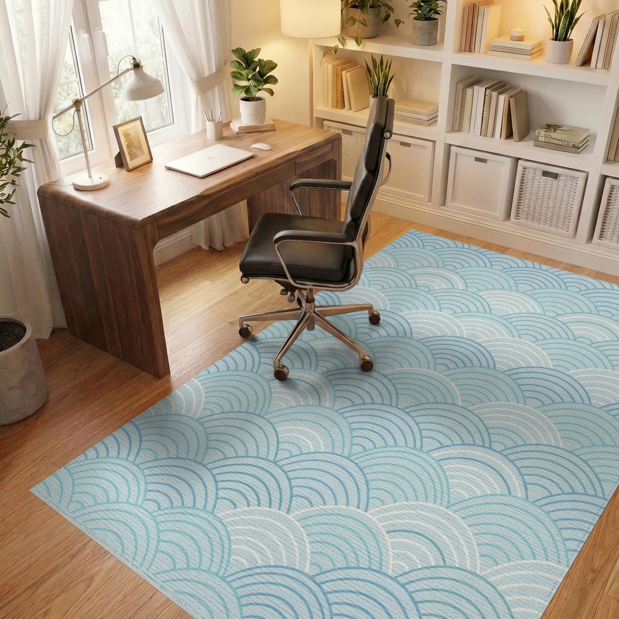 Serene Blue Scalloped Wave Rug Office View