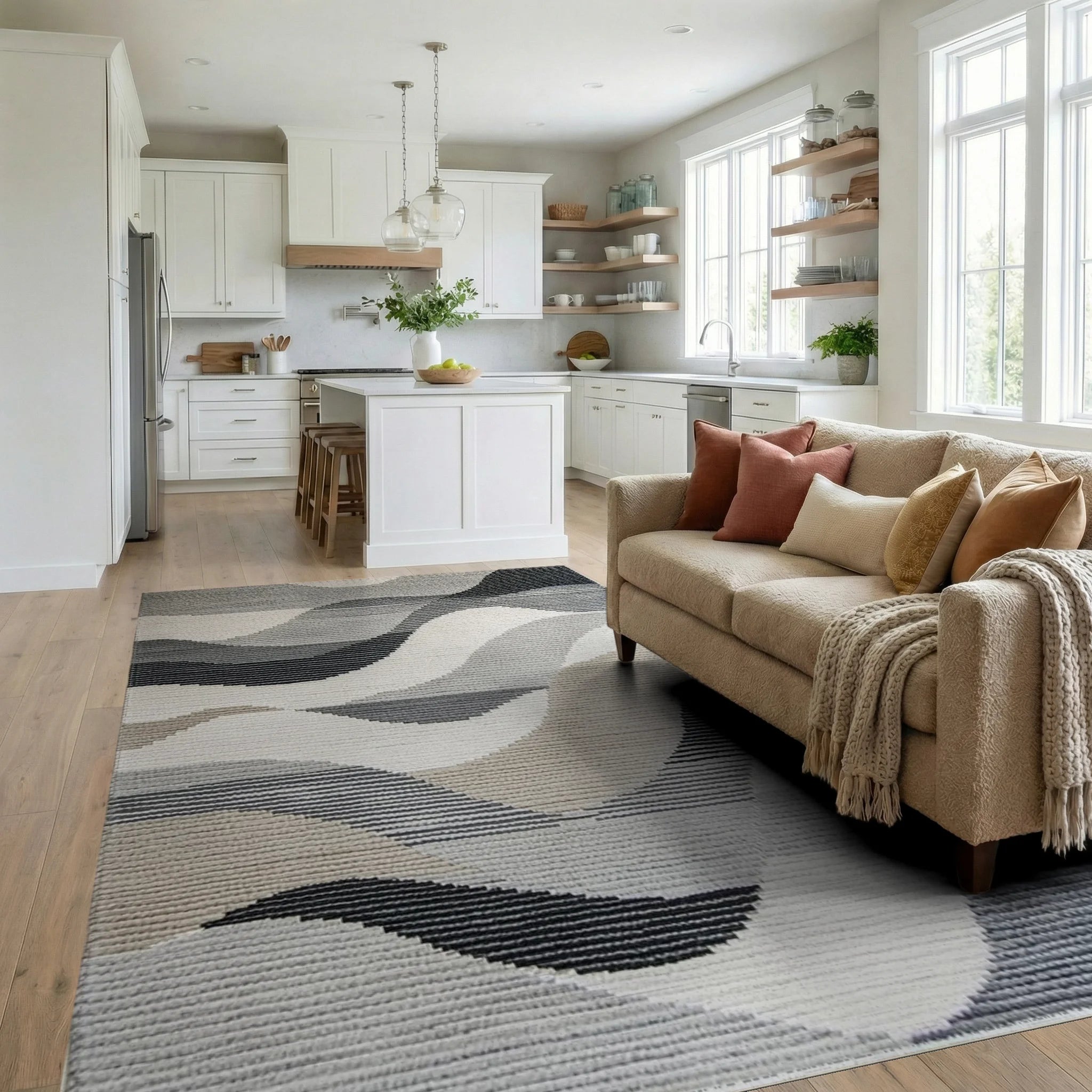 Serene Gray Wave Abstract Rug - Living Room View
