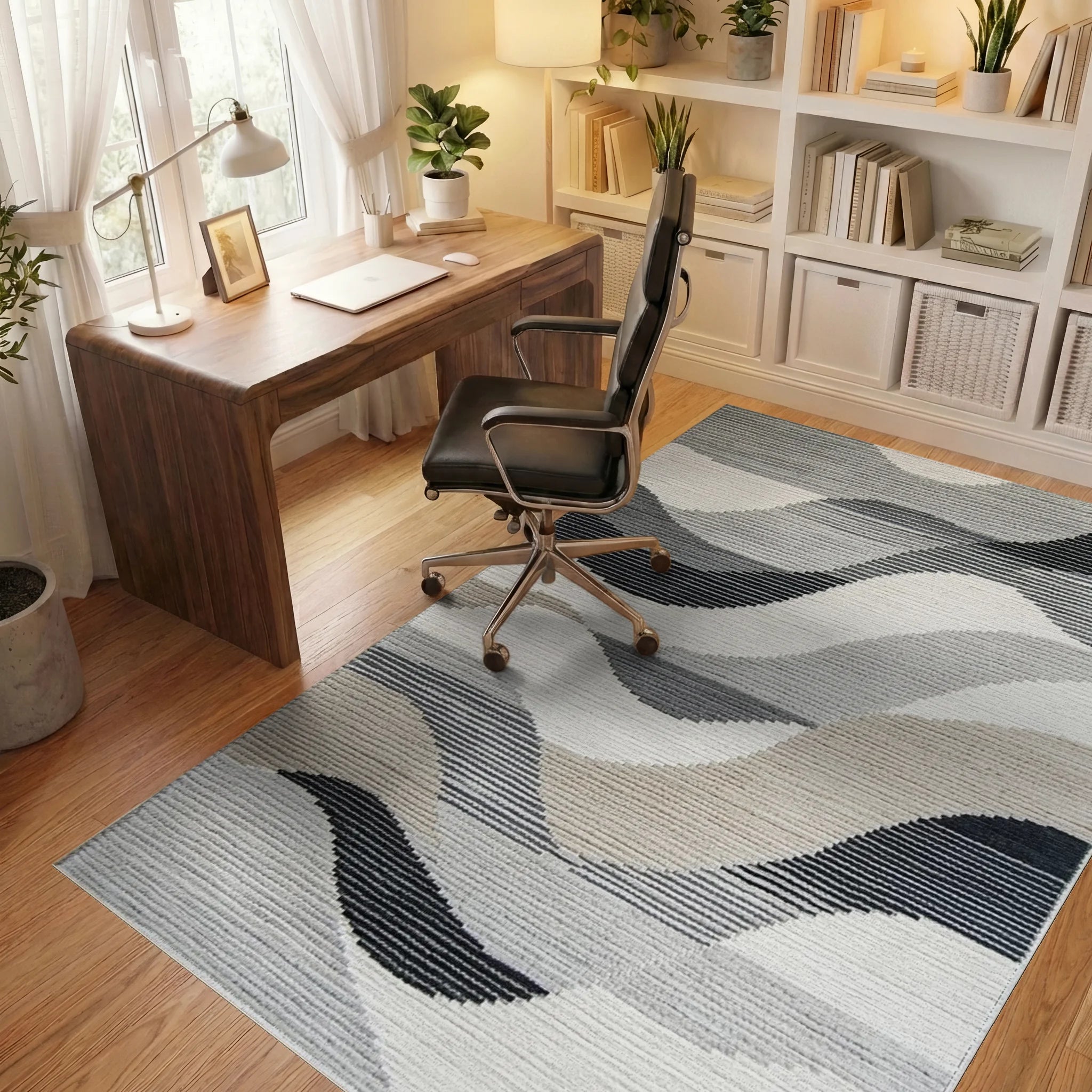 Serene Gray Wave Abstract Rug - Office View