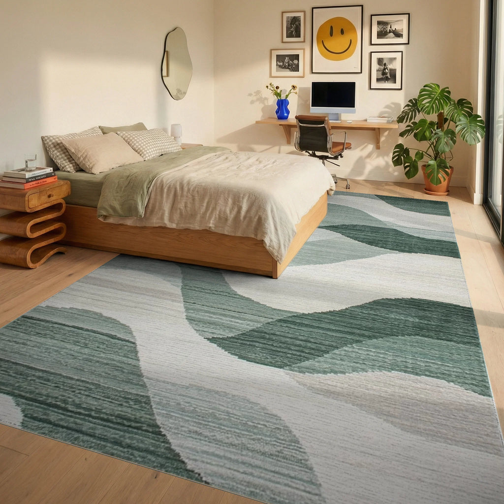 Serene Green Wavy Landscape Rug - Bedroom View