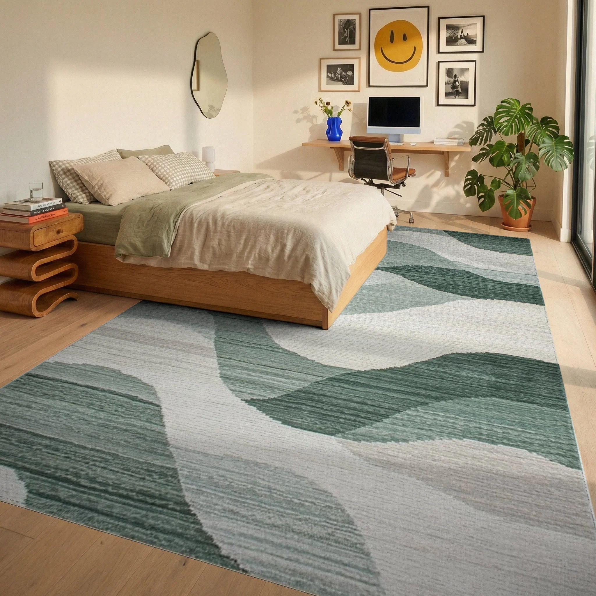 Serene Green Wavy Landscape Rug - Bedroom View