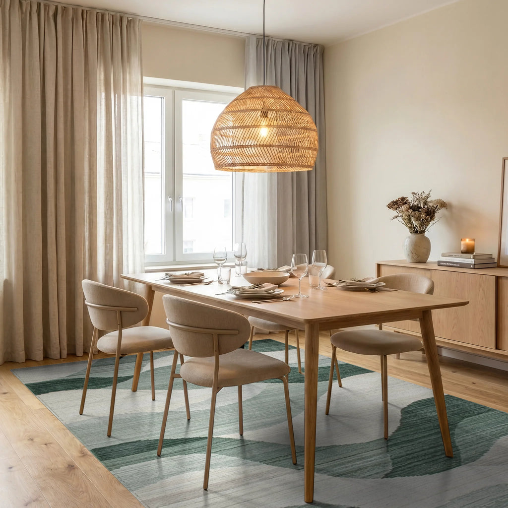 Serene Green Wavy Landscape Rug - Dining Room View
