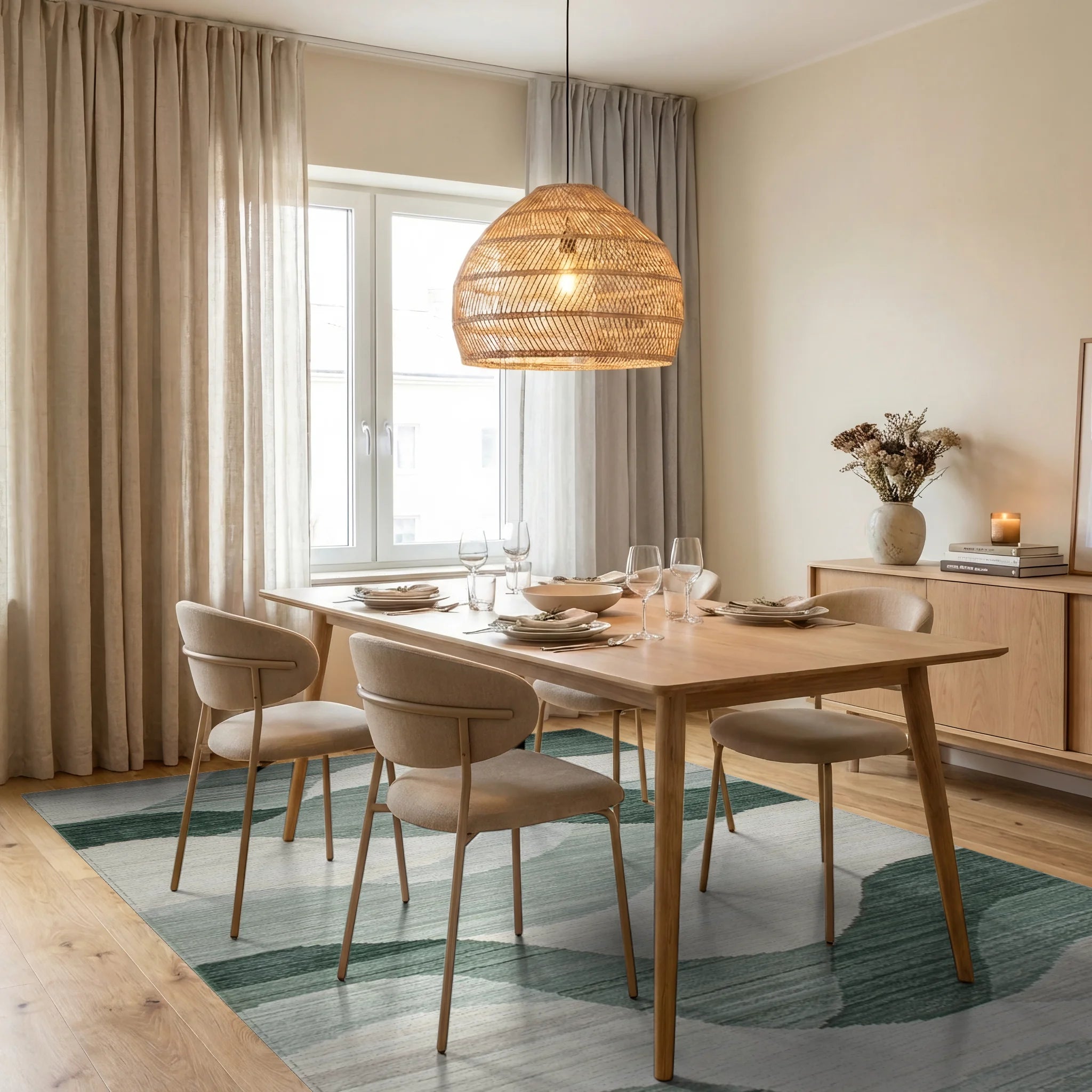 Serene Green Wavy Landscape Rug - Dining Room View
