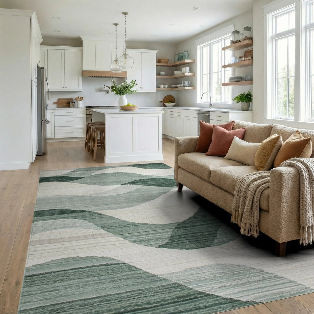 Serene Green Wavy Landscape Rug - Living Room View