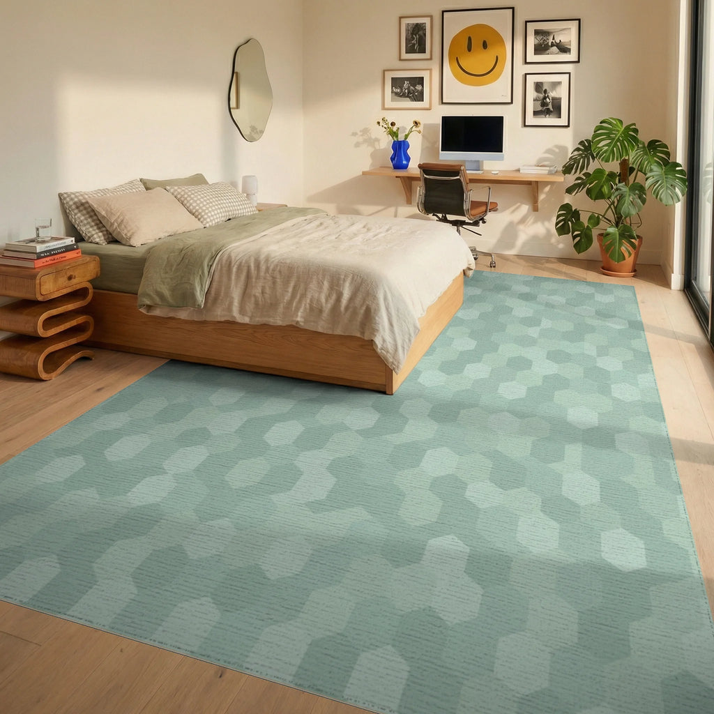 Serene Mint Hexagon Mosaic Rug Bedroom View