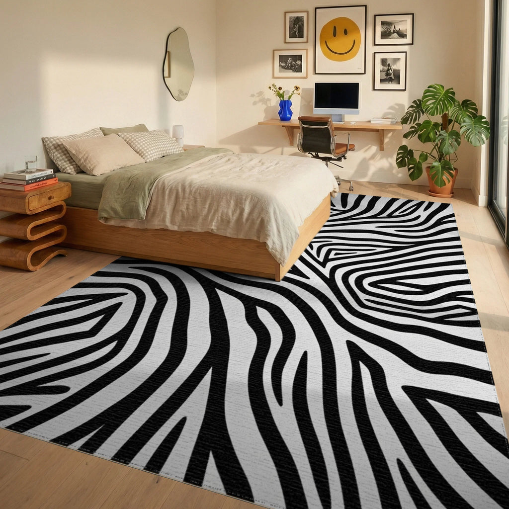 Sharp Contrast Zebra Swirl Rug - Bedroom View