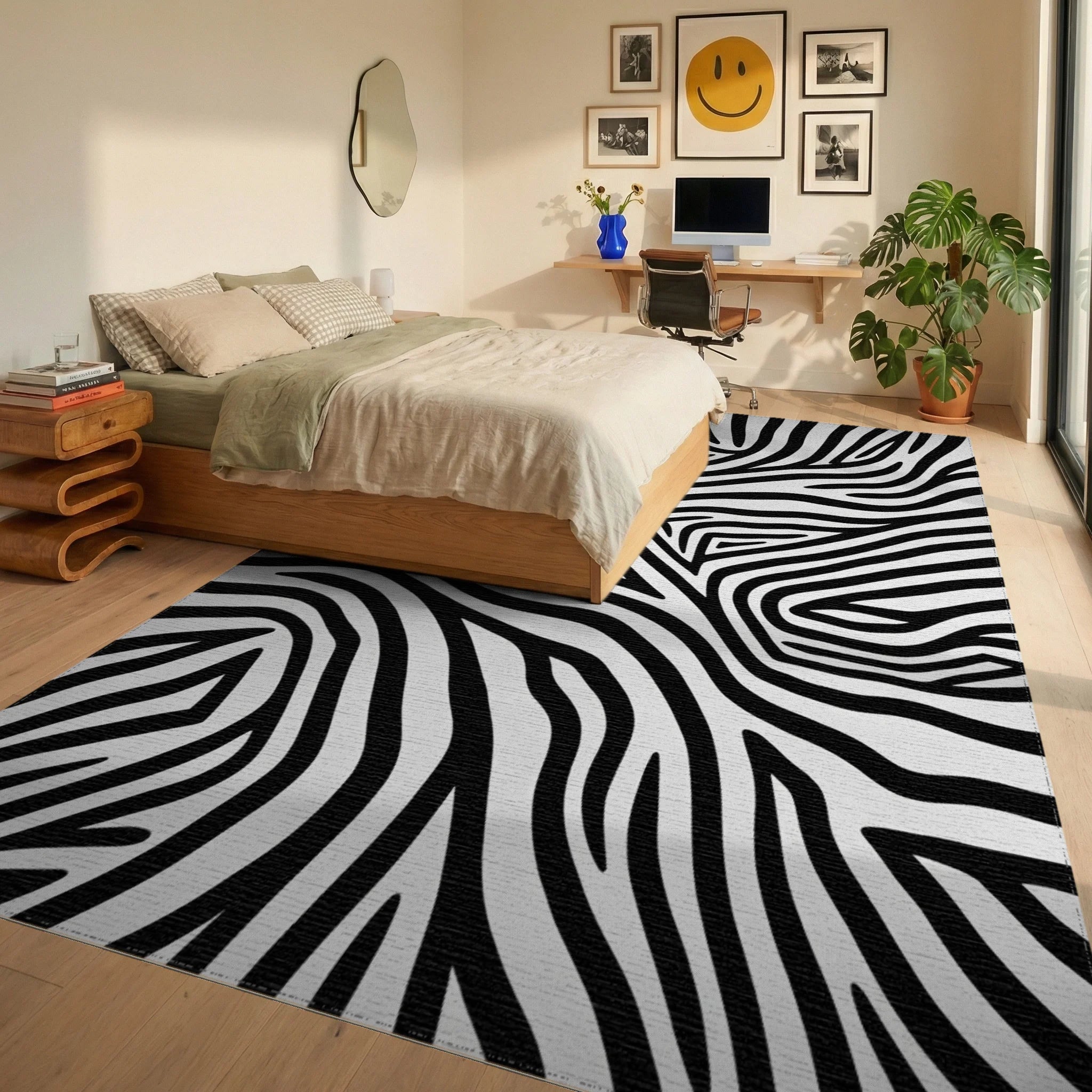 Sharp Contrast Zebra Swirl Rug - Bedroom View
