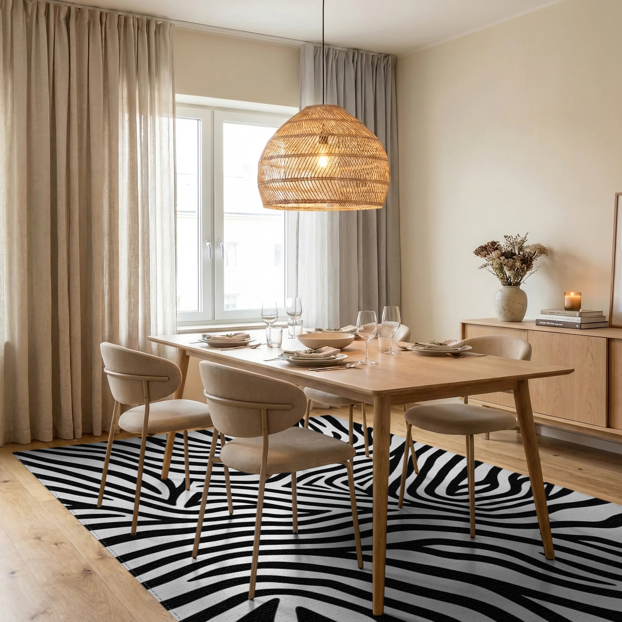 Sharp Contrast Zebra Swirl Rug - Dining Room View