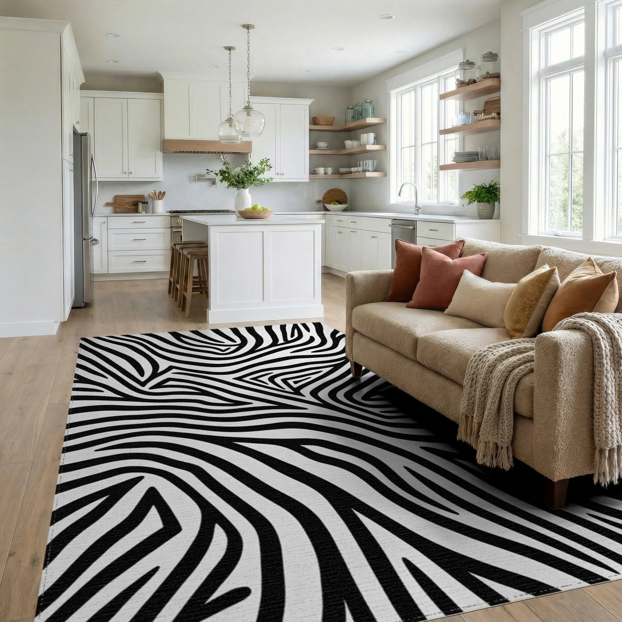 Sharp Contrast Zebra Swirl Rug - Living Room View