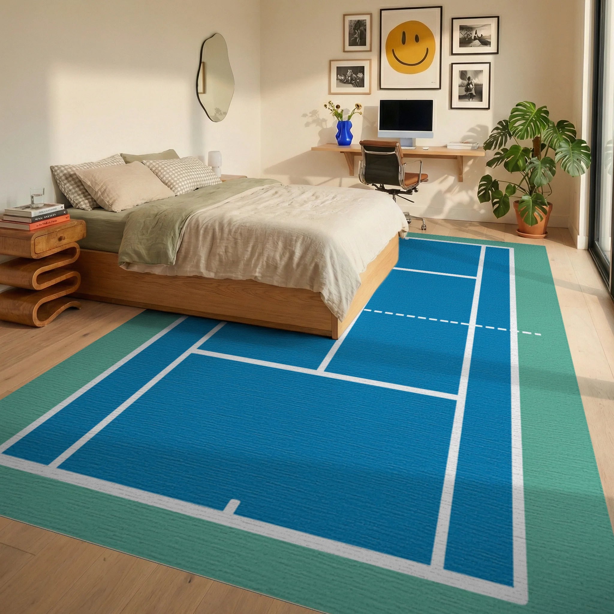 Simple Blue Court Lines Rug Bedroom View
