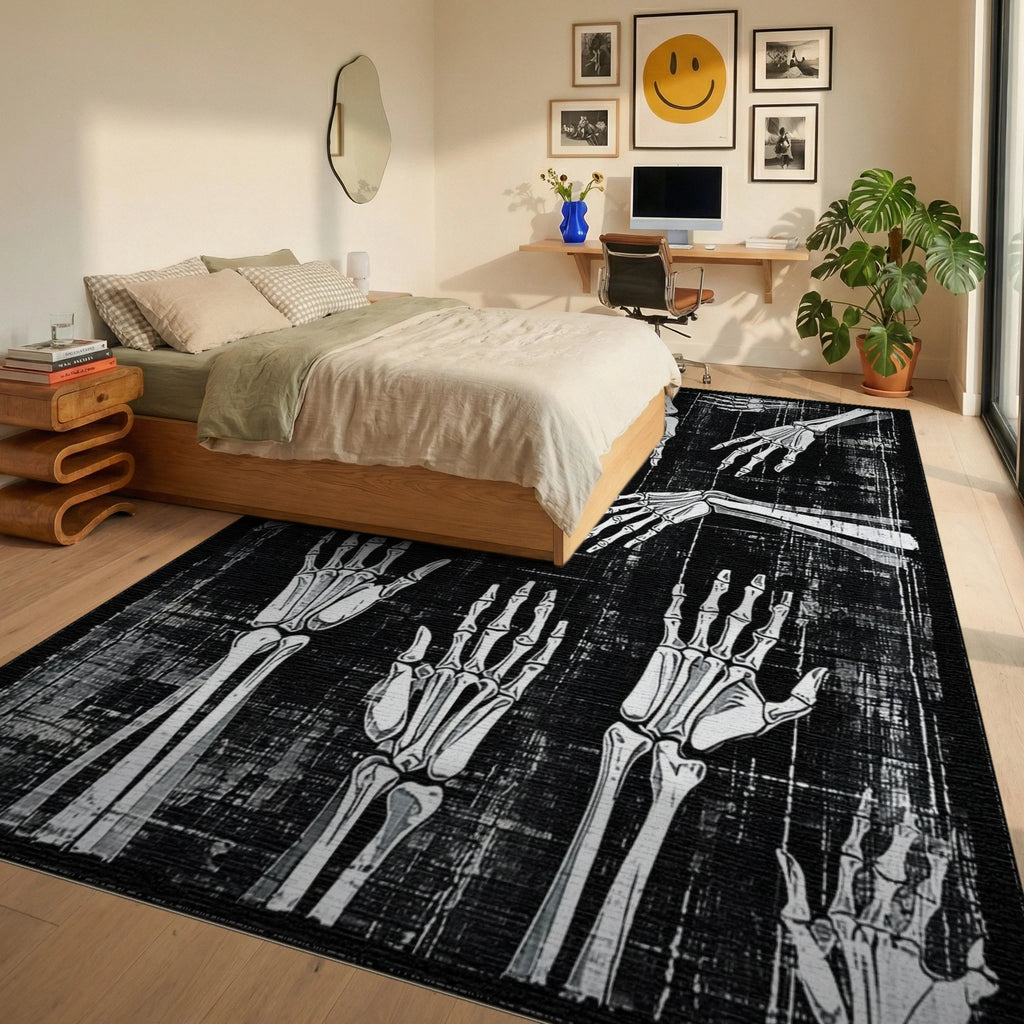 Skeleton Hands Black White Pattern Rug - Bedroom View