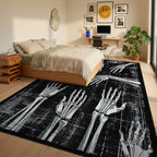 Skeleton Hands Black White Pattern Rug - Bedroom View