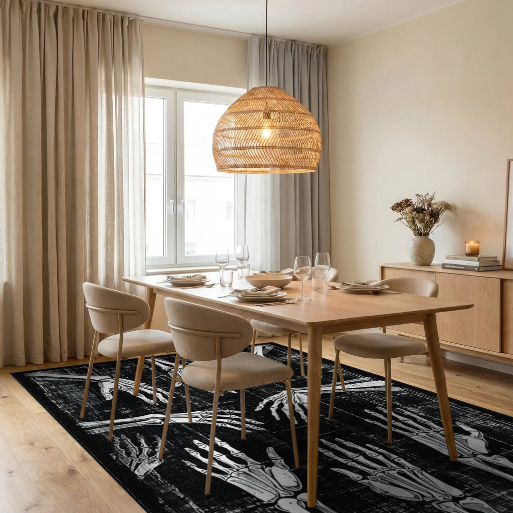 Skeleton Hands Black White Pattern Rug - Dining Room View