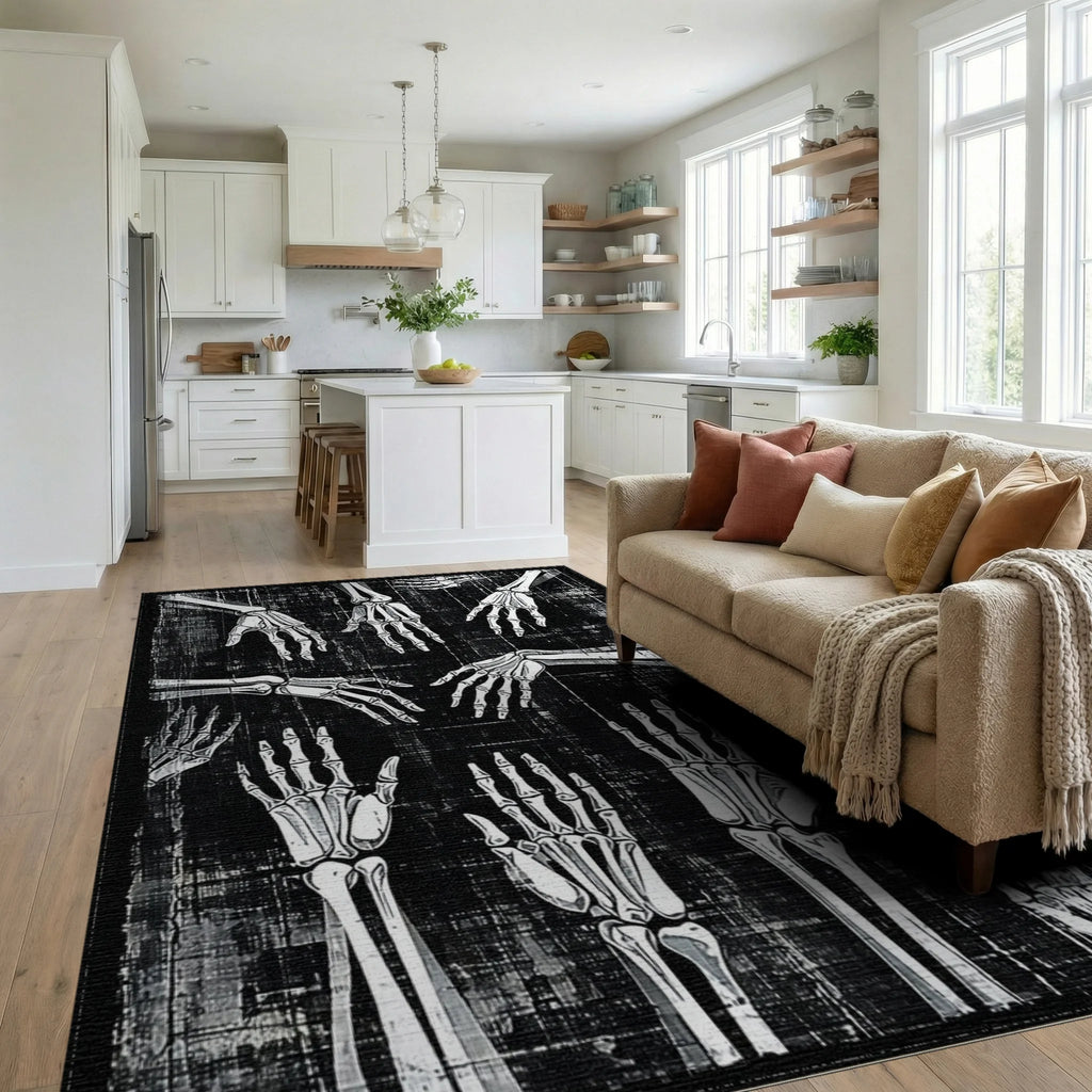 Skeleton Hands Black White Pattern Rug - Living Room View