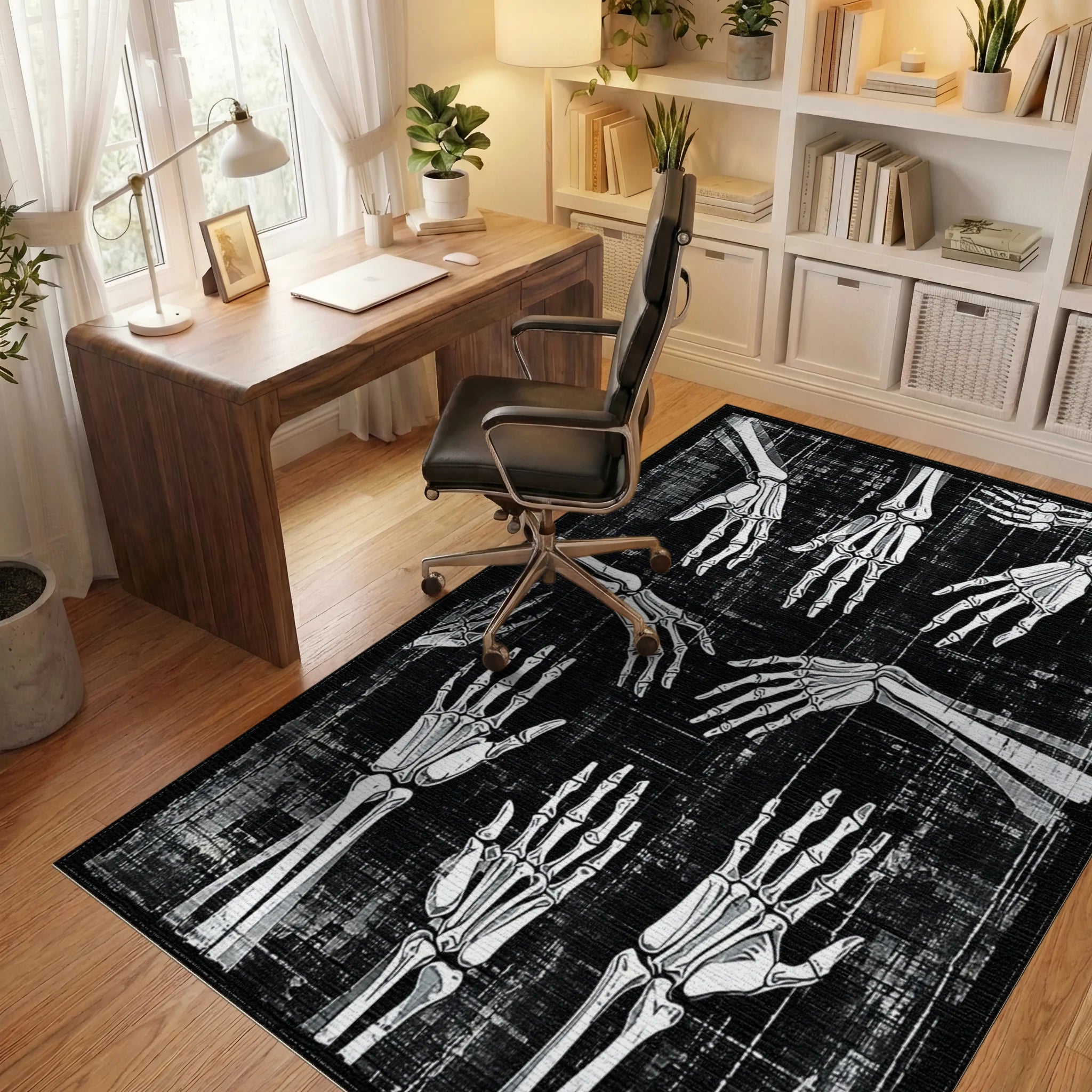 Skeleton Hands Black White Pattern Rug - Office View
