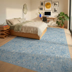 Sky Blue Floral Meadow Garden Rug Bedroom View