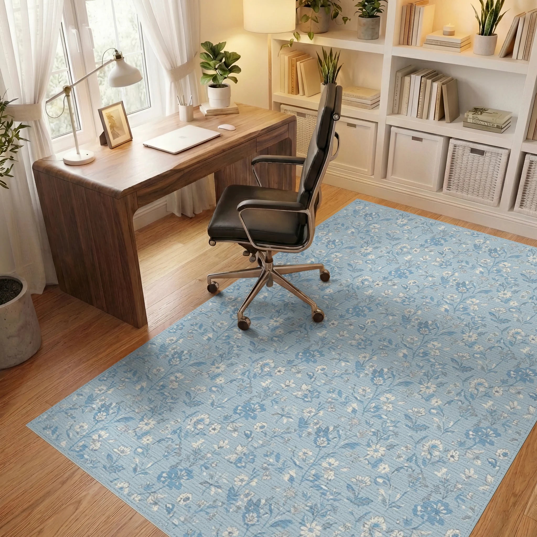 Sky Blue Floral Meadow Garden Rug Office View