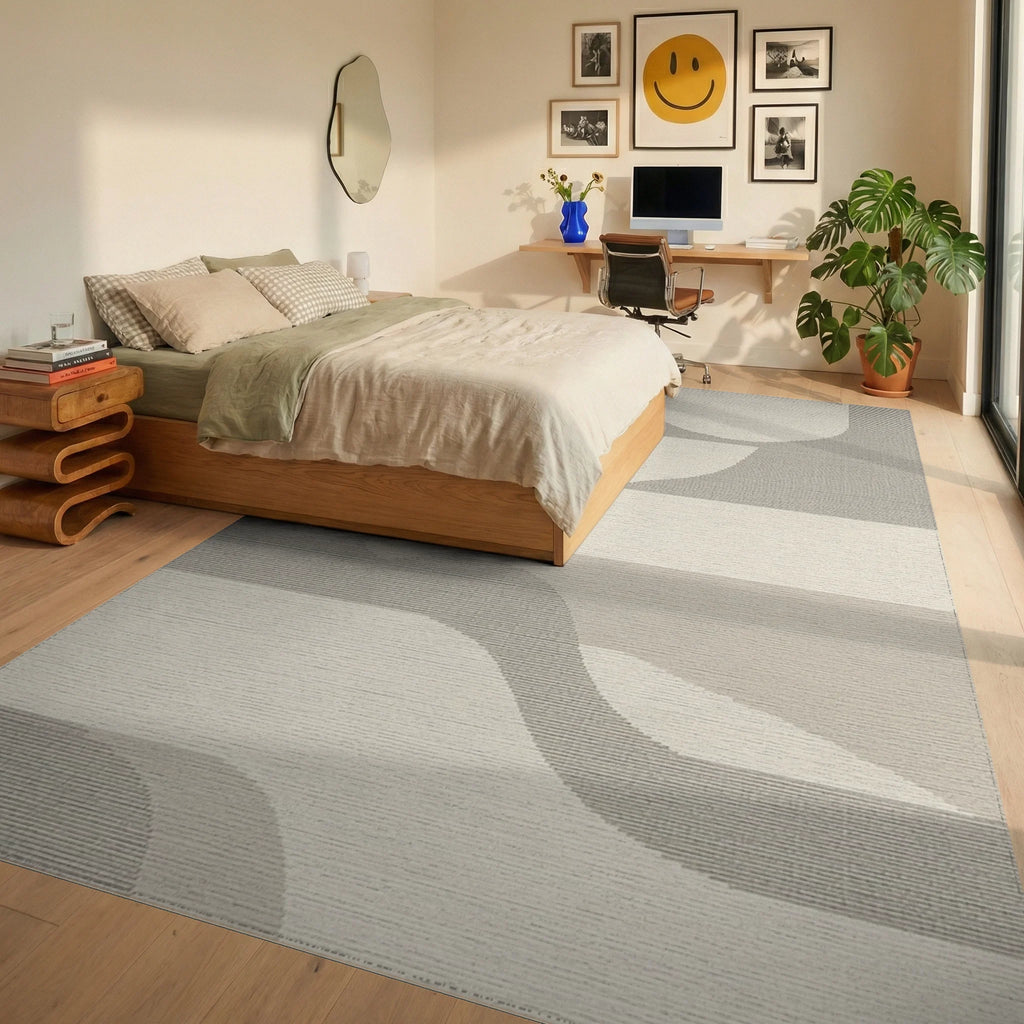 Soft Beige Abstract Wave Curves Rug - Bedroom View