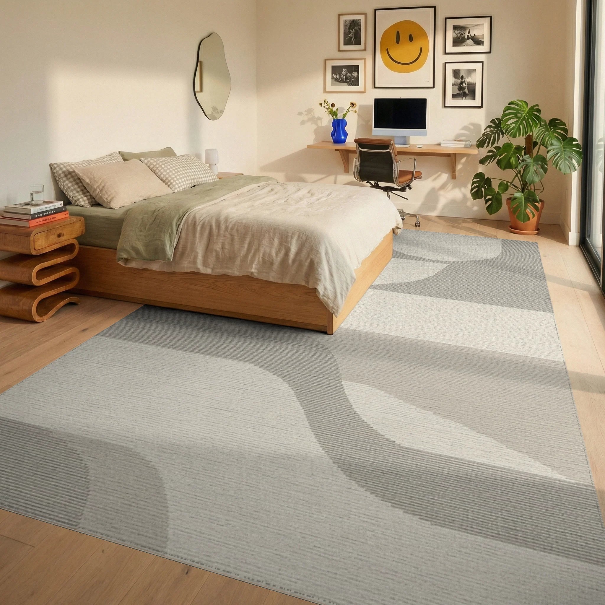 Soft Beige Abstract Wave Curves Rug - Bedroom View