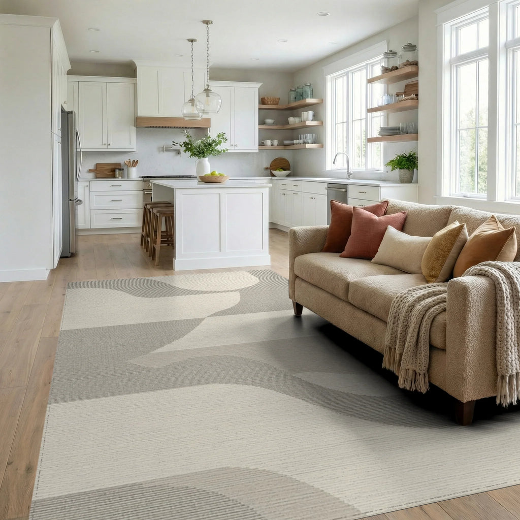 Soft Beige Abstract Wave Curves Rug - Living Room View