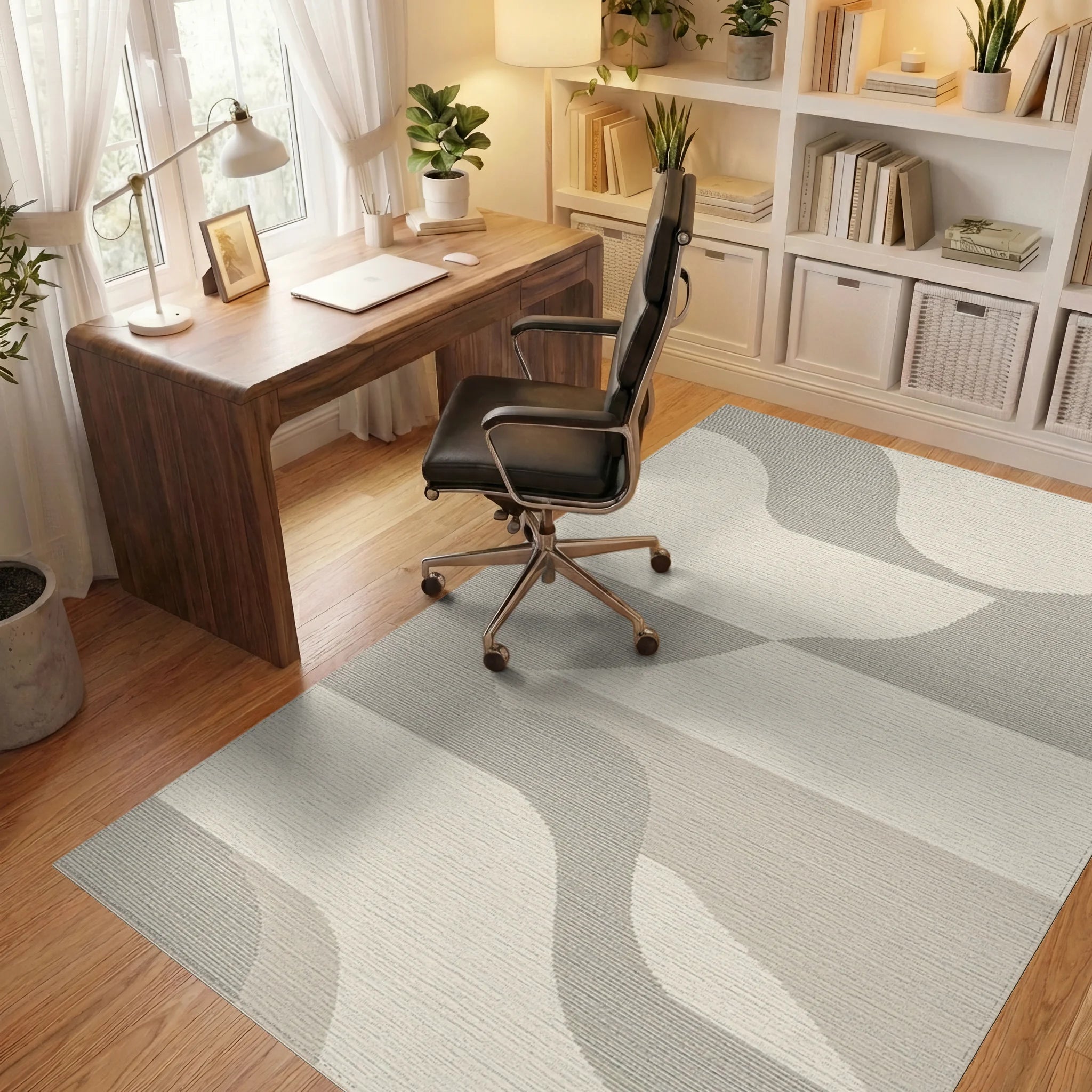 Soft Beige Abstract Wave Curves Rug - Office View
