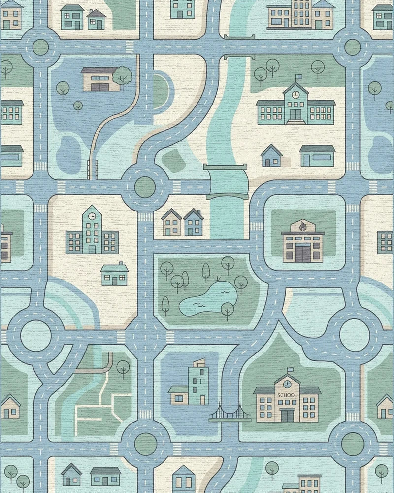 Soft Blue Cityscape Road Network Rug - Cutout View