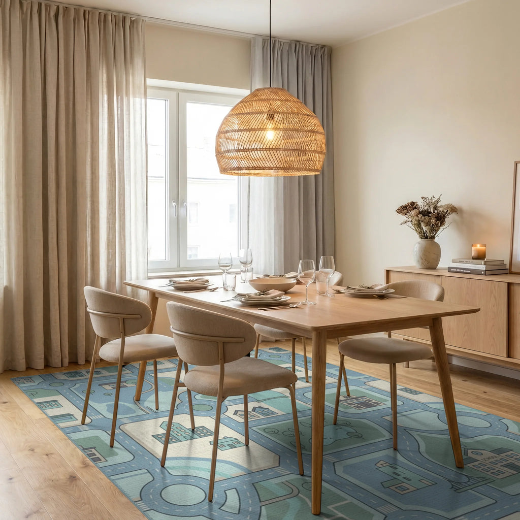 Soft Blue Cityscape Road Network Rug Dining Room View