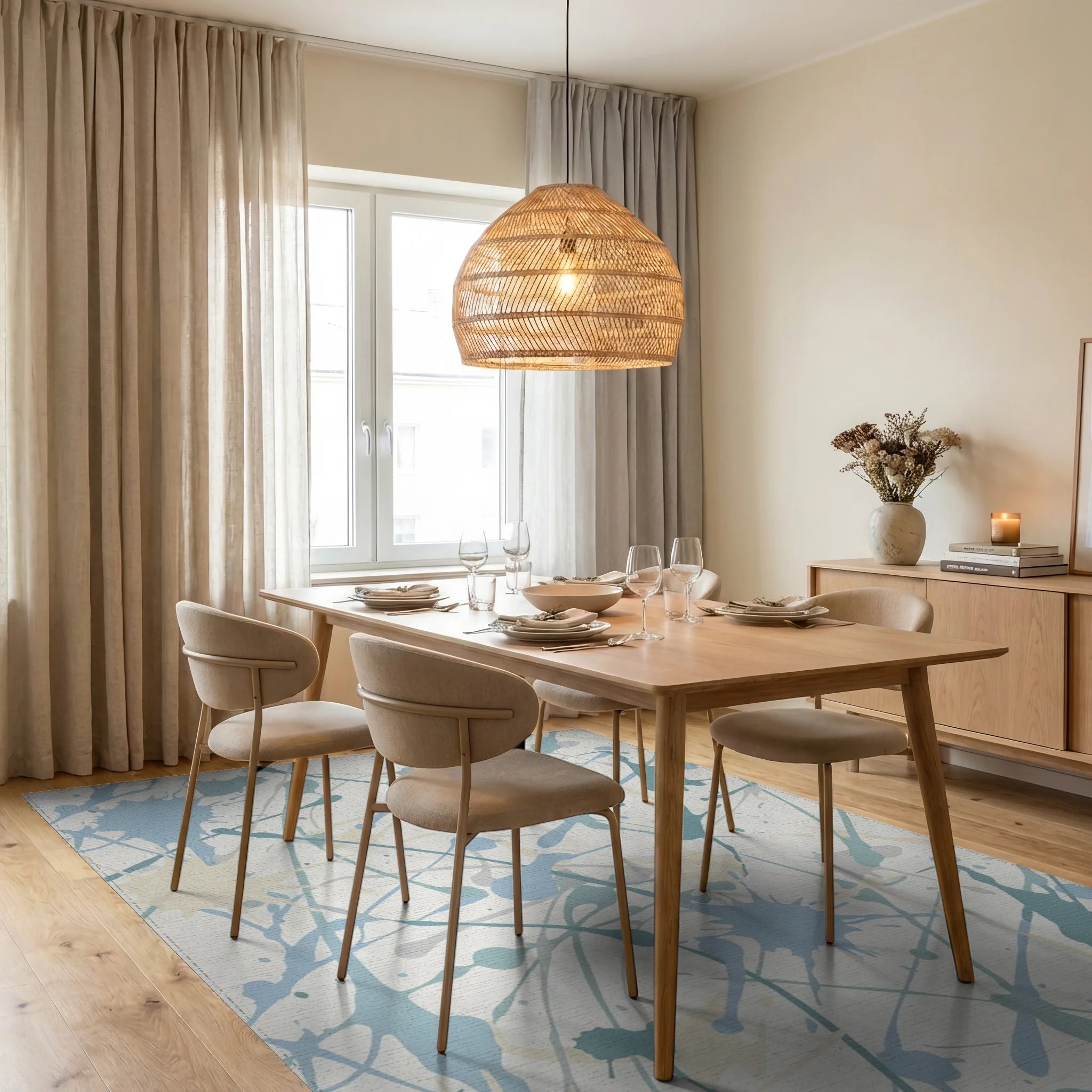 Soft Blue Splatter Paint Abstract Rug Dining Room View