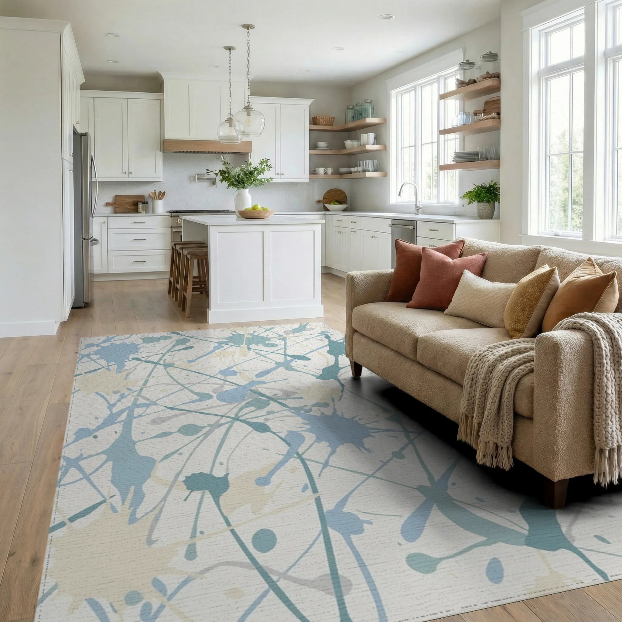 Soft Blue Splatter Paint Abstract Rug Living Room View