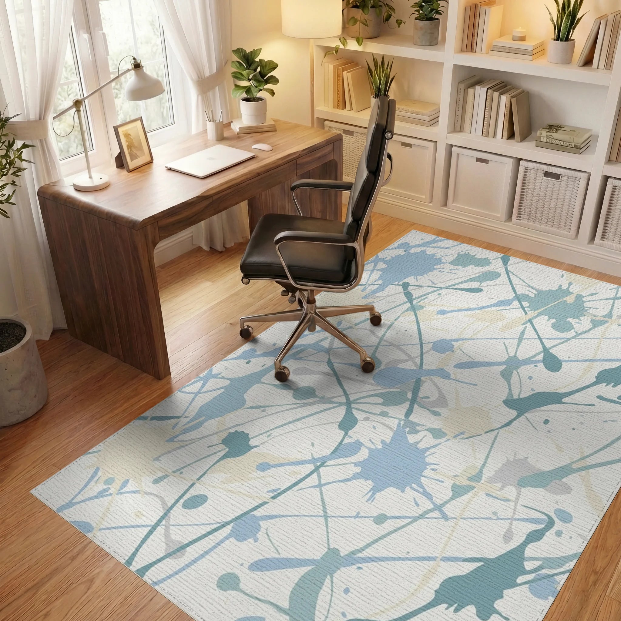 Soft Blue Splatter Paint Abstract Rug Office View