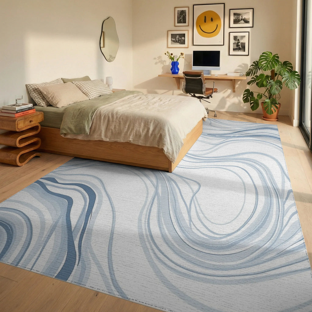 Soft Blue Swirling Ink Lines Rug Bedroom View