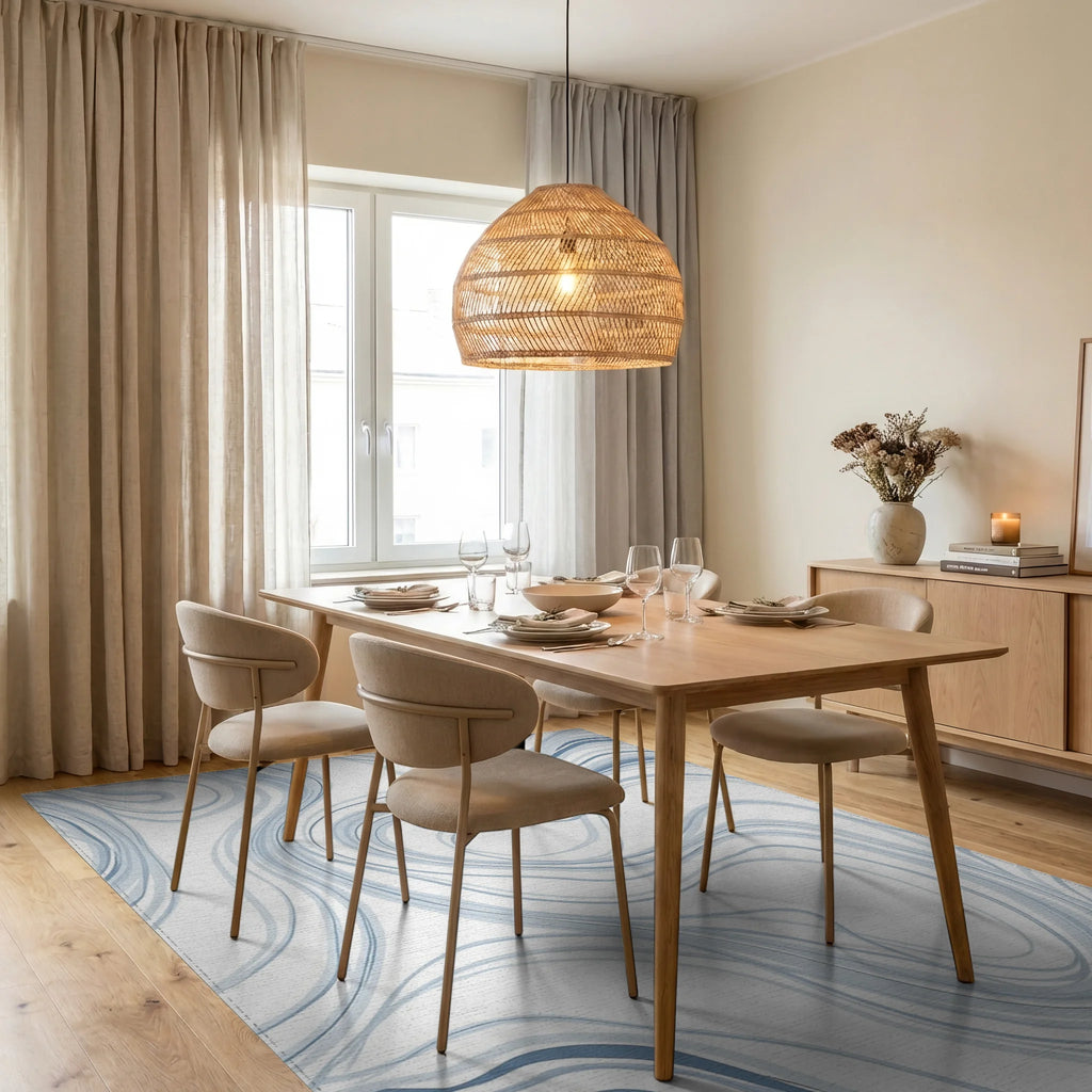 Soft Blue Swirling Ink Lines Rug Dining Room View