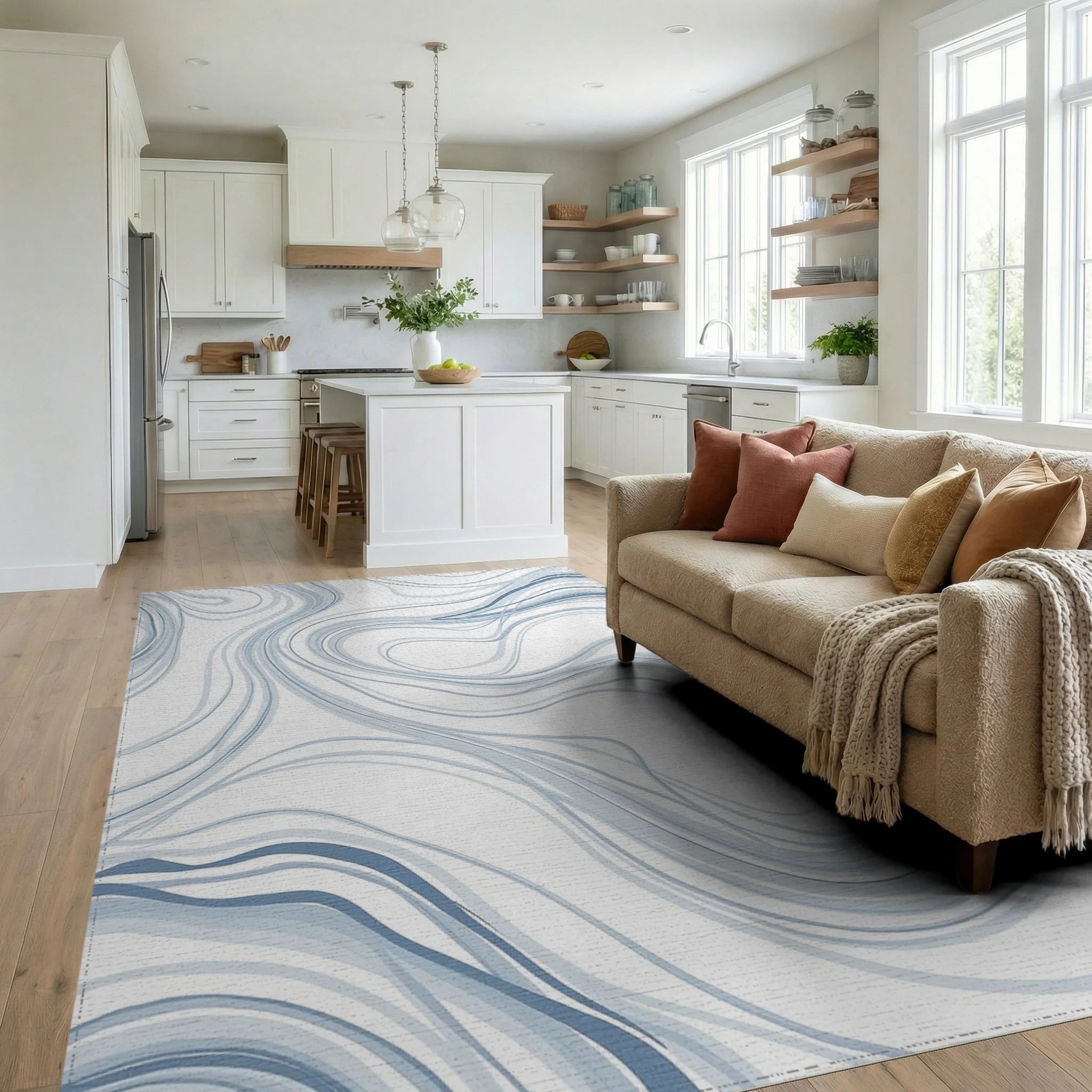 Soft Blue Swirling Ink Lines Rug Living Room View