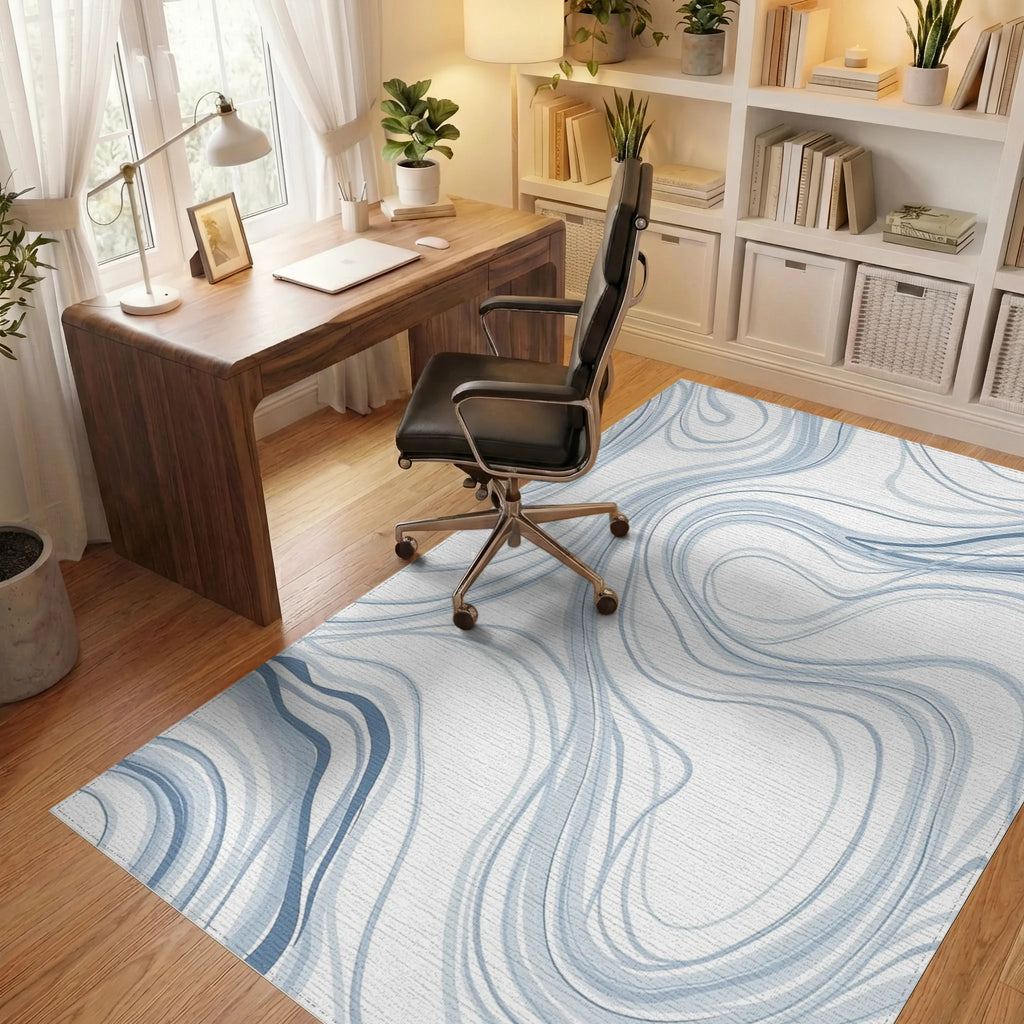 Soft Blue Swirling Ink Lines Rug Office View