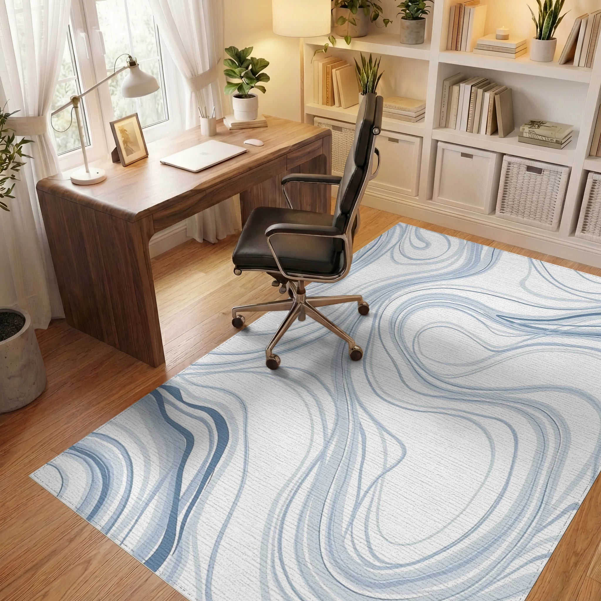 Soft Blue Swirling Ink Lines Rug Office View
