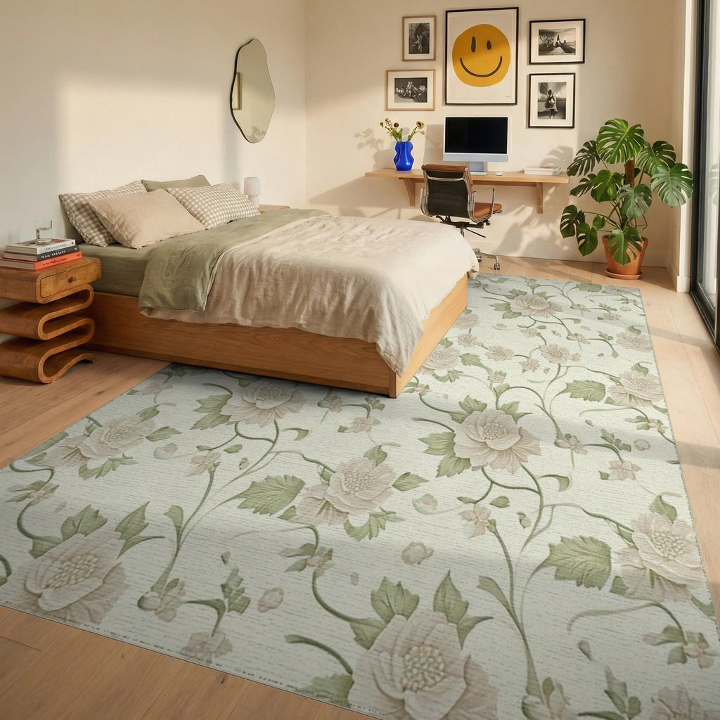 Soft Blush Floral Vine Pattern Rug Bedroom View