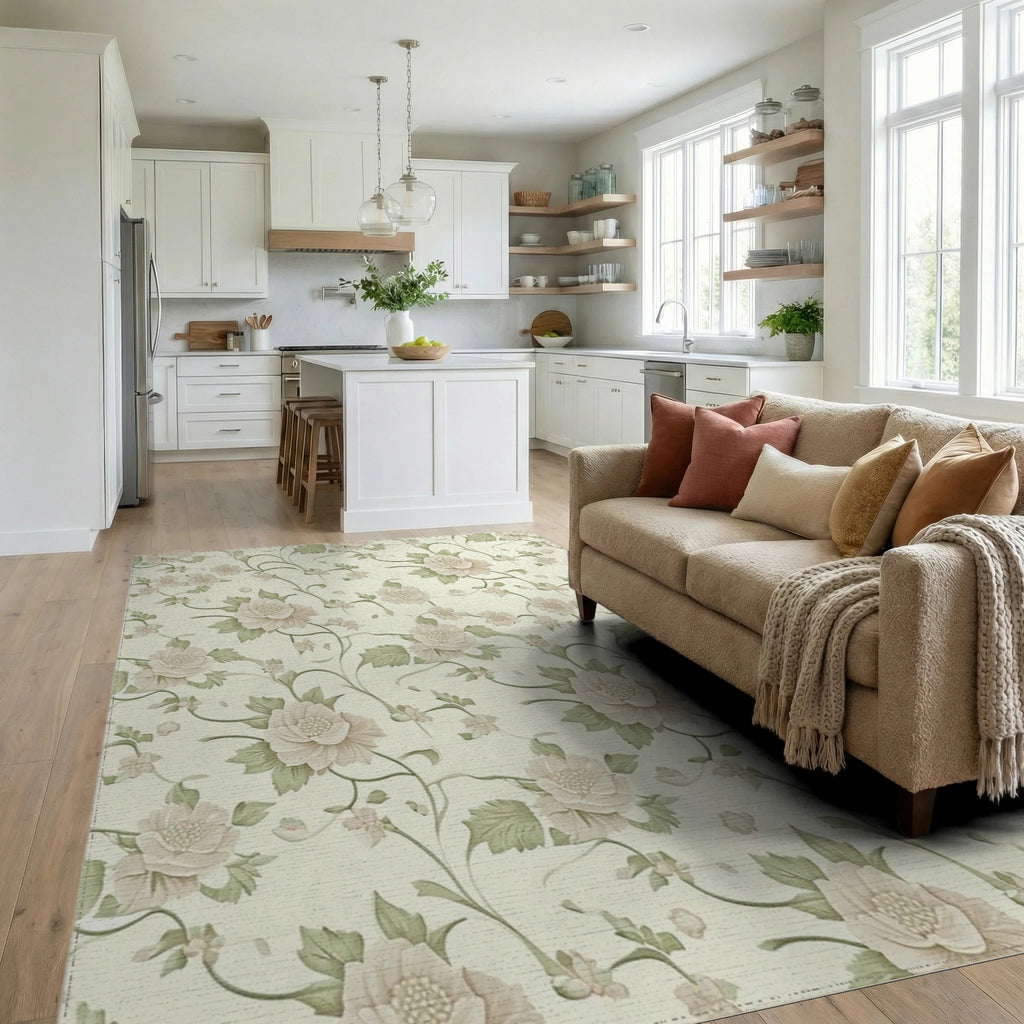 Soft Blush Floral Vine Pattern Rug Living Room View