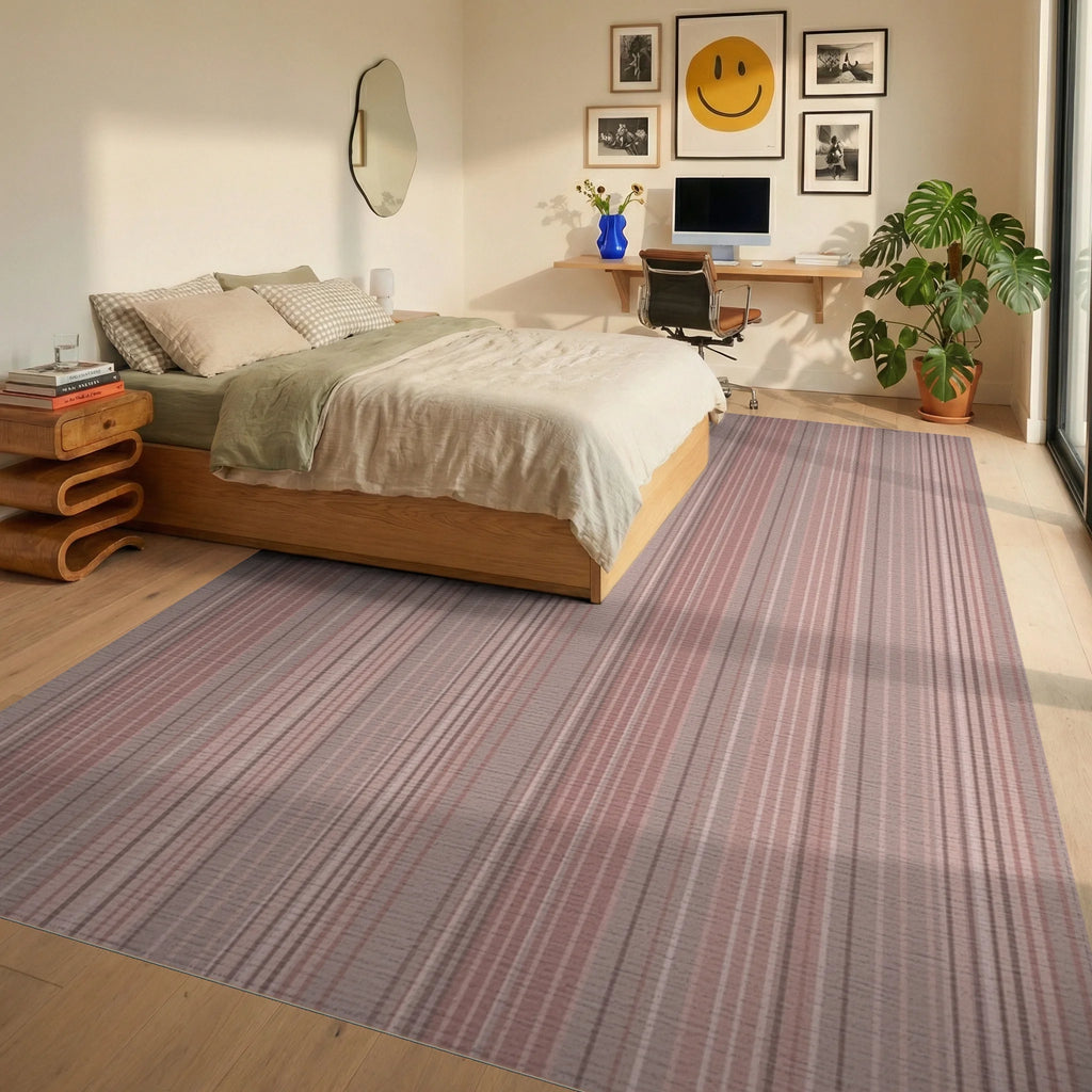 Soft Blush Stripe Textured Rug Bedroom View