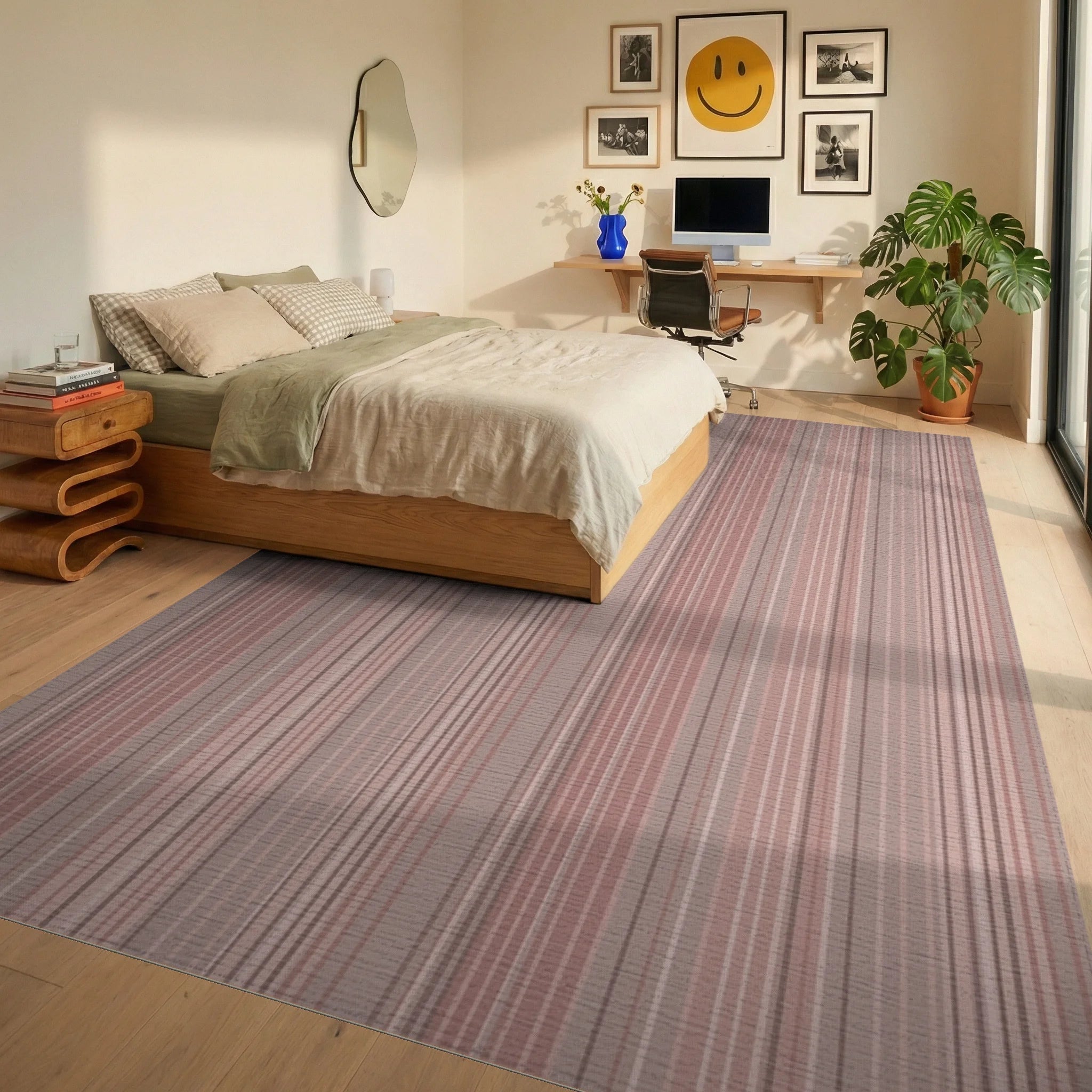 Soft Blush Stripe Textured Rug Bedroom View