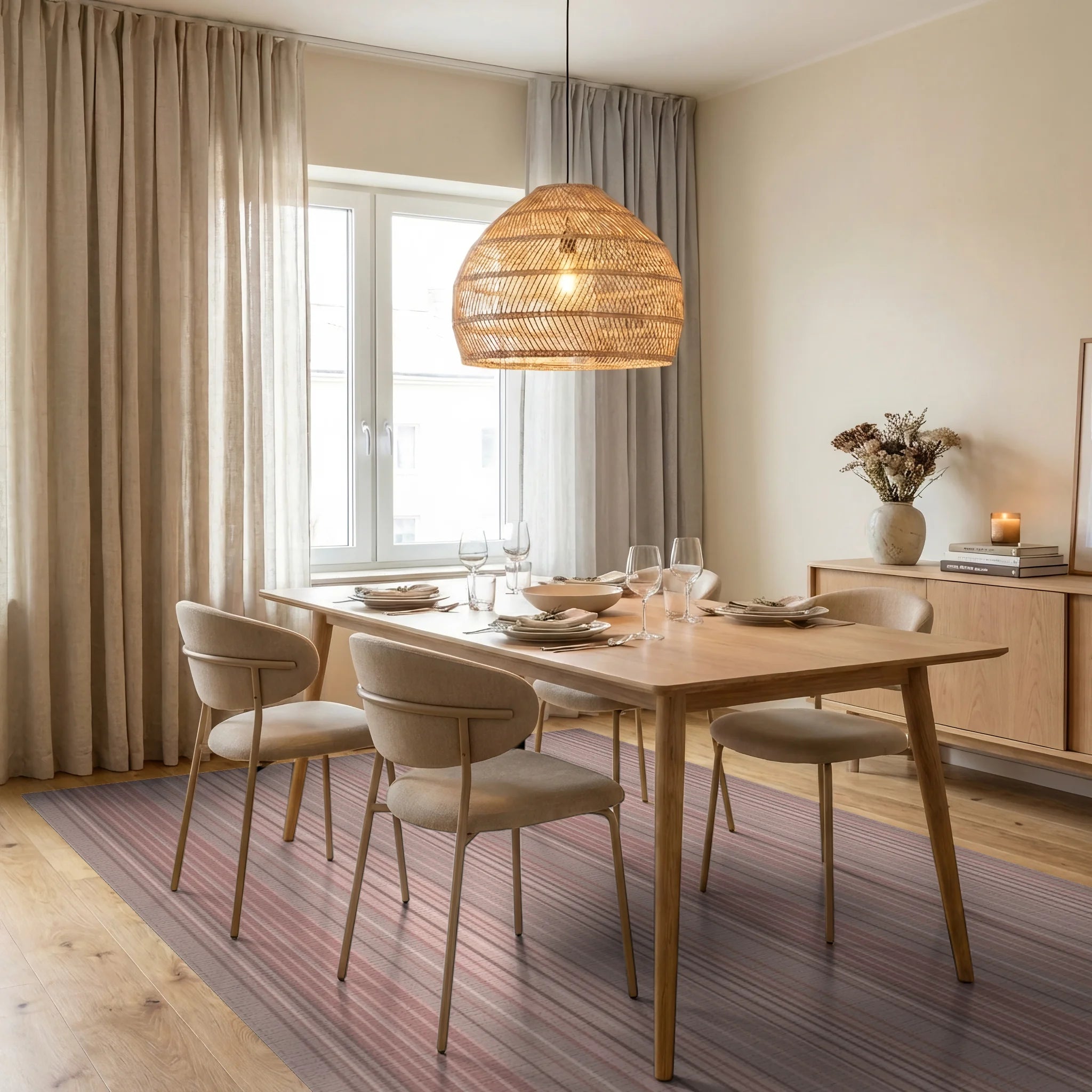 Soft Blush Stripe Textured Rug Dining Room View