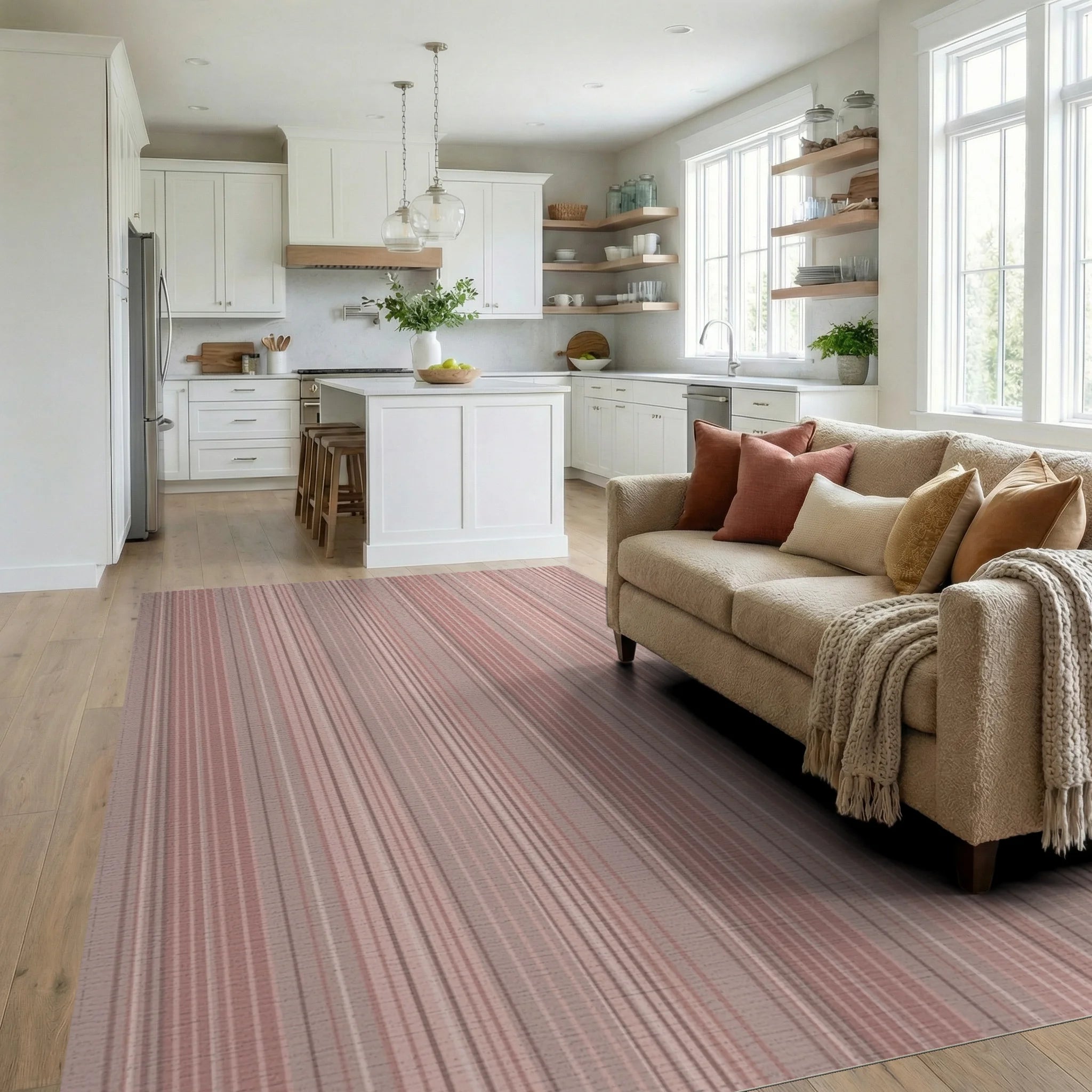 Soft Blush Stripe Textured Rug Living Room View