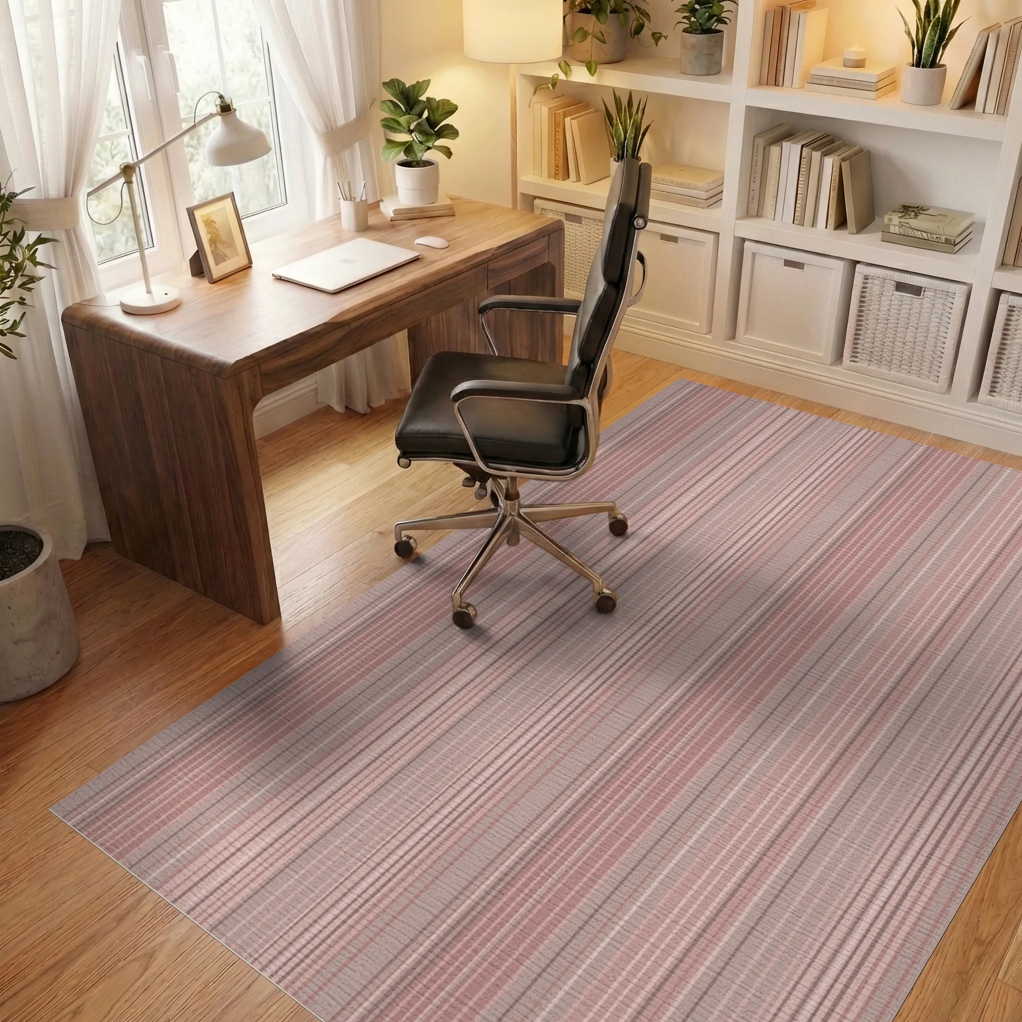 Soft Blush Stripe Textured Rug Office View
