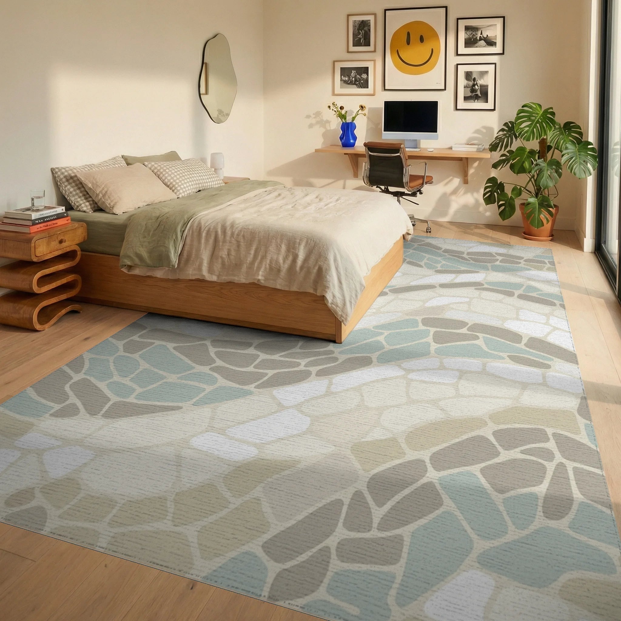 Soft Earthy Tones Wavy Mosaic Rug Bedroom View