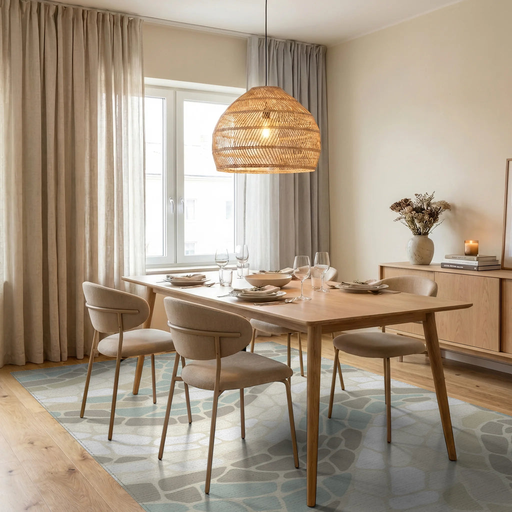 Soft Earthy Tones Wavy Mosaic Rug Dining Room View