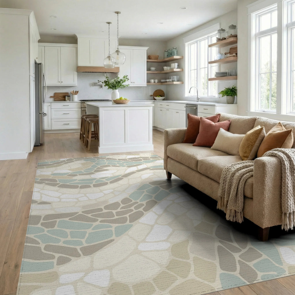 Soft Earthy Tones Wavy Mosaic Rug Living Room View